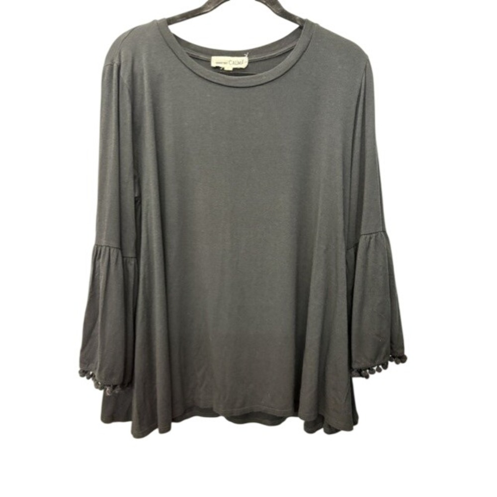 Johnny Was Calme Gray Long Sleeve Pom Pom Bell Sleeve Top Large